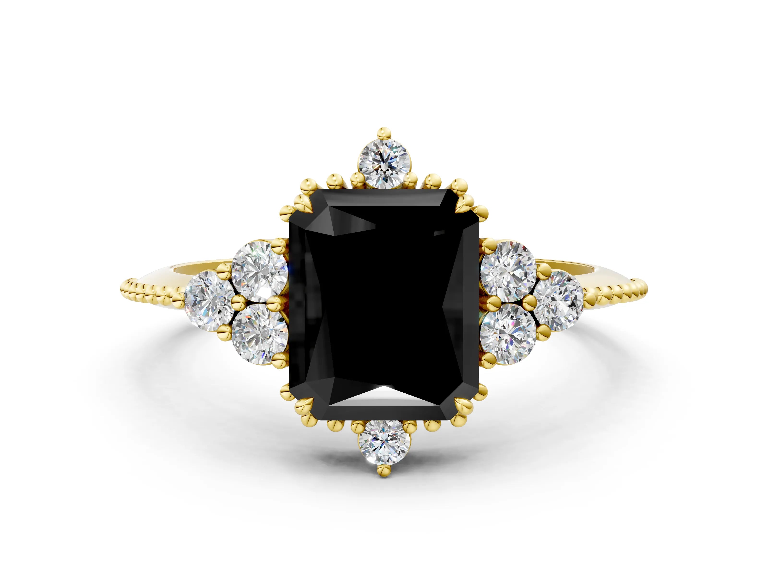 Yellow gold Fancy Black Radiant Cut Brilliant Diamond with Cluster Setting on a Beaded Band and Four-Prong Setting