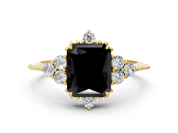Yellow Gold Radiant Cut Vintage Cluster Engagement Ring Setting for Black Center with Beaded Band