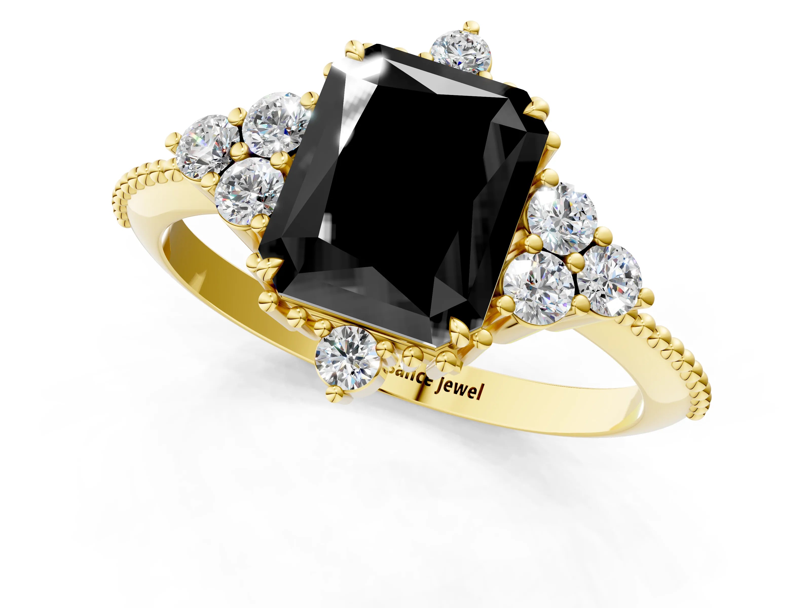 Yellow gold Fancy Black Radiant Cut Brilliant Diamond with Cluster Setting on a Beaded Band and Four-Prong Setting_1