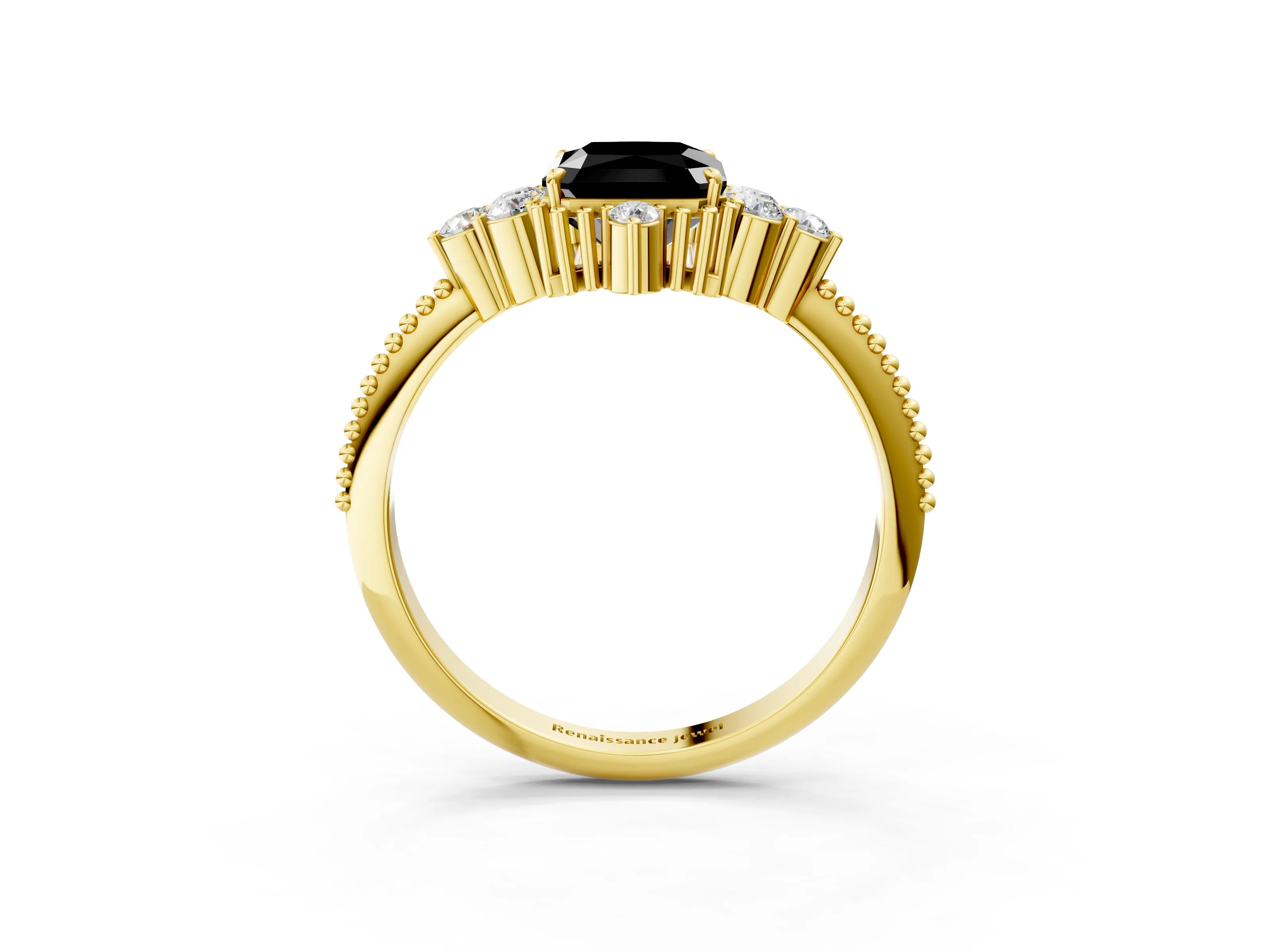 Yellow gold Fancy Black Radiant Cut Brilliant Diamond with Cluster Setting on a Beaded Band and Four-Prong Setting_3