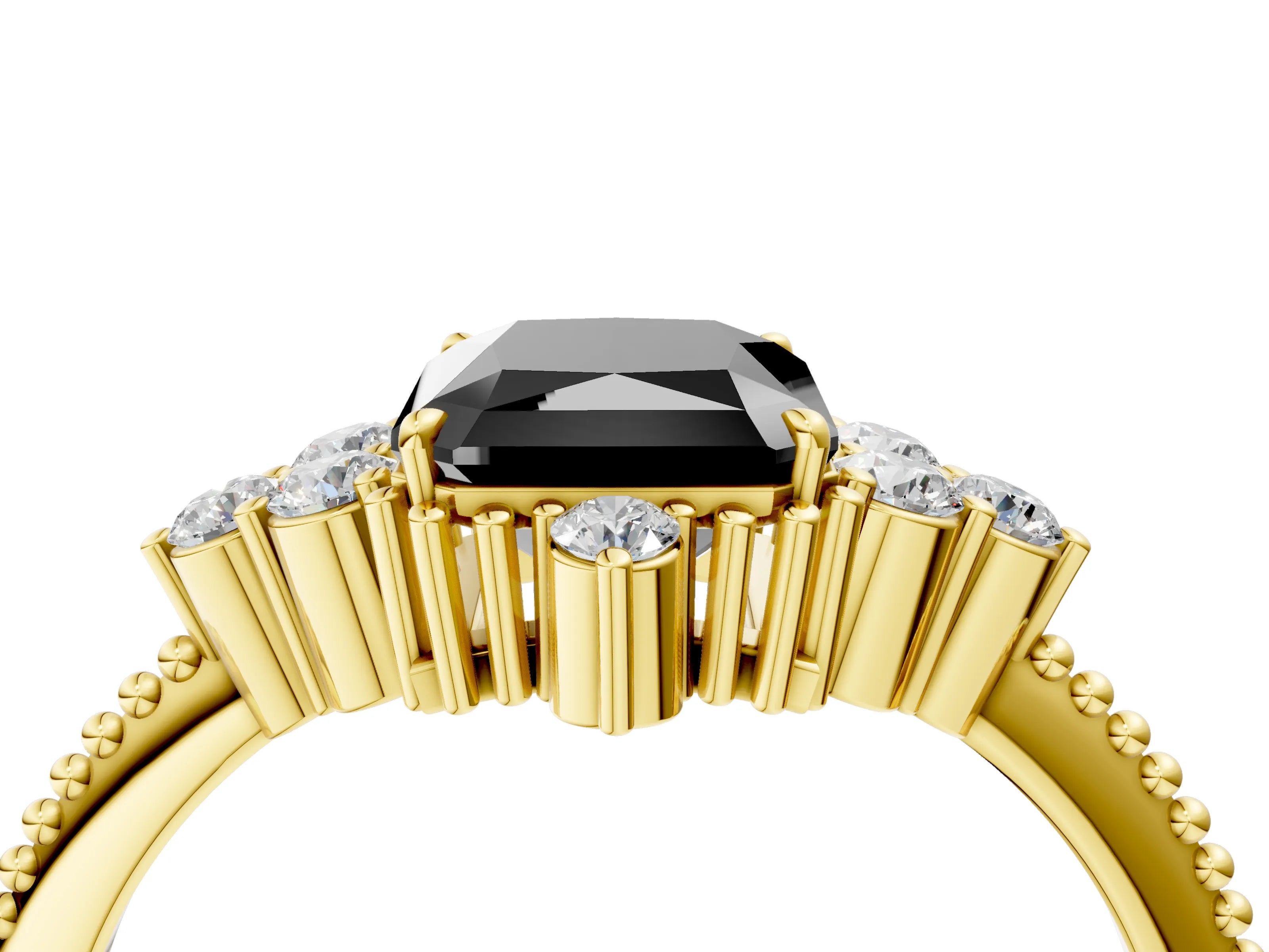 Yellow gold Fancy Black Radiant Cut Brilliant Diamond with Cluster Setting on a Beaded Band and Four-Prong Setting_4