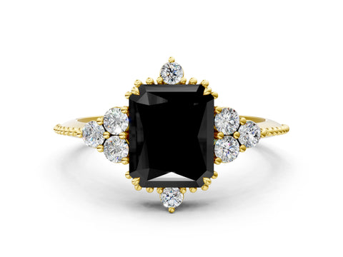 Yellow gold Fancy Black Radiant Cut Brilliant Diamond with Cluster Setting on a Beaded Band and Four-Prong Setting