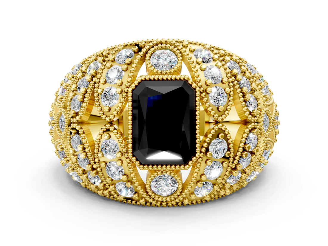 Yellow gold Fancy Black Radiant Cut Brilliant Halo Pave Diamond Milgrain Ring