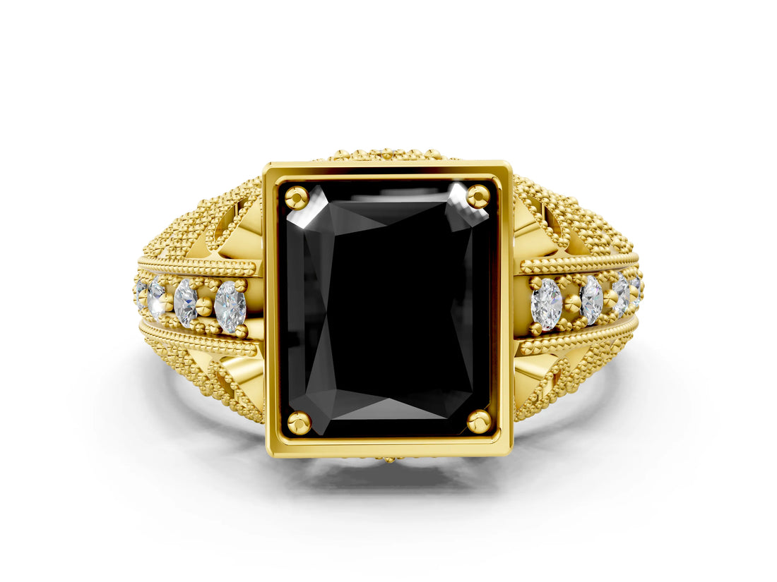 Yellow gold Fancy Black Radiant Cut Brilliant Milgrain Filigree Diamond Ring with Square Prong Setting