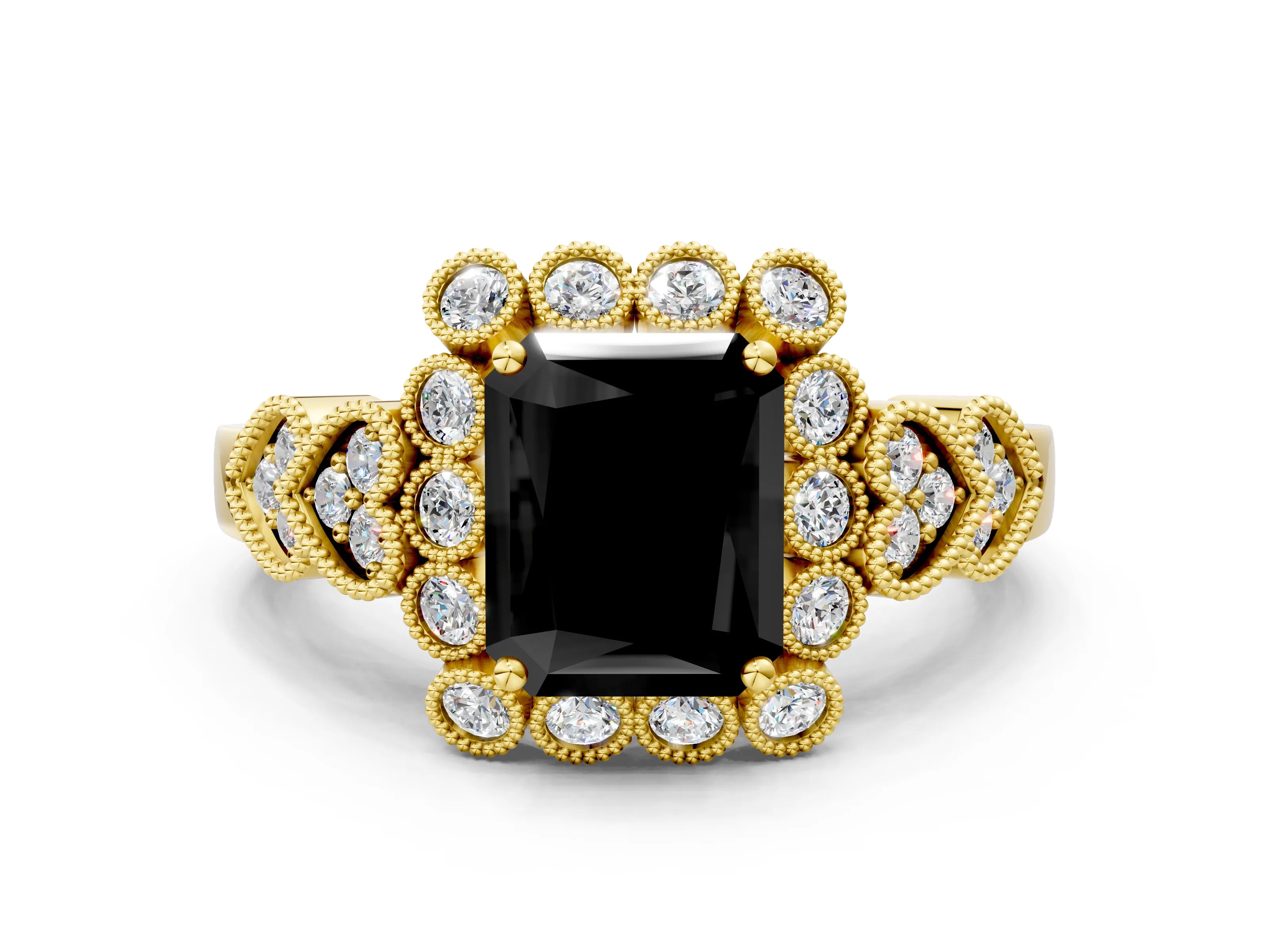 Yellow gold Fancy Black Radiant Cut Brilliant Milgrain Pave Heart Band Solitaire Ring