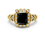 Yellow gold Fancy Black Radiant Cut Brilliant Milgrain Pave Heart Band Solitaire Ring