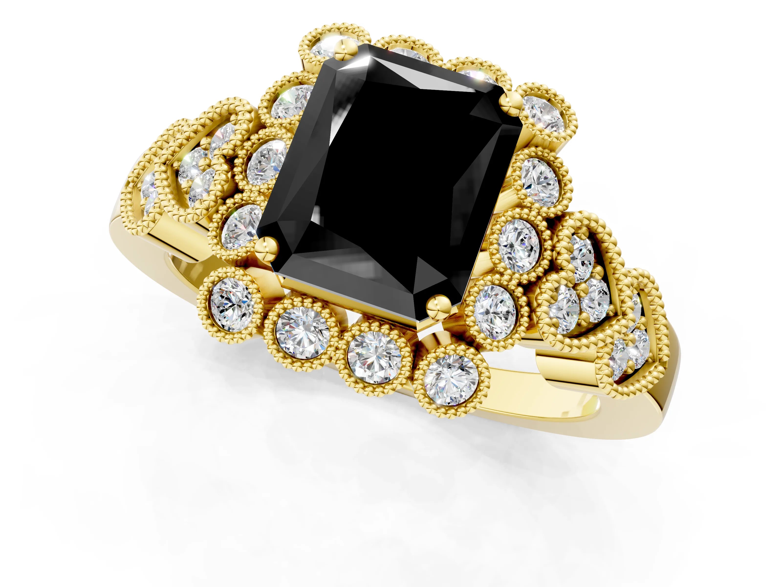 Yellow gold Fancy Black Radiant Cut Brilliant Milgrain Pave Heart Band Solitaire Ring_1