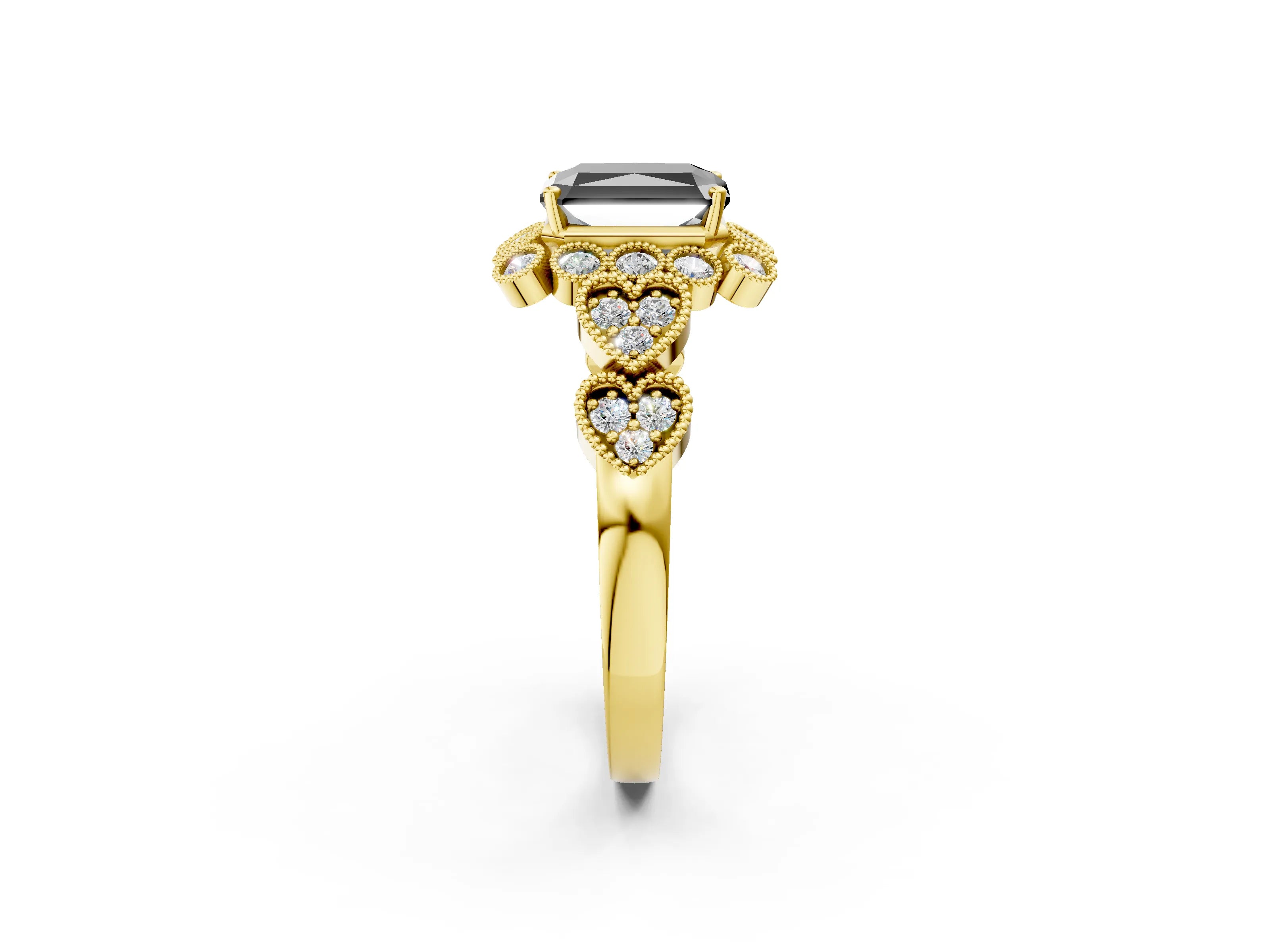 Yellow gold Fancy Black Radiant Cut Brilliant Milgrain Pave Heart Band Solitaire Ring_2