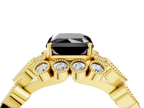 Yellow gold Fancy Black Radiant Cut Brilliant Milgrain Pave Heart Band Solitaire Ring_4