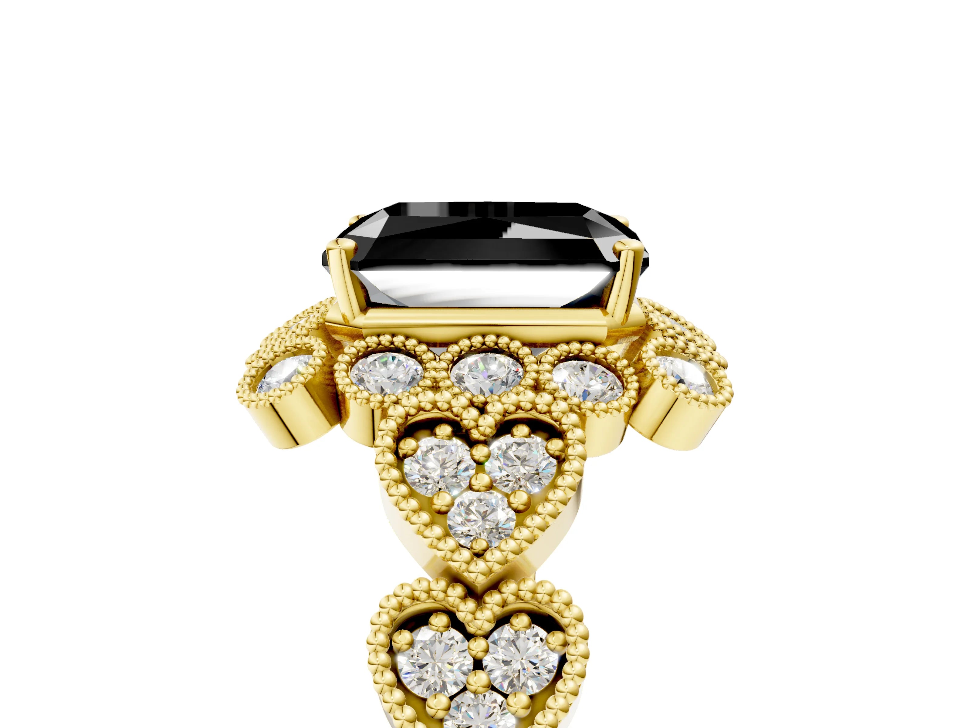 Yellow gold Fancy Black Radiant Cut Brilliant Milgrain Pave Heart Band Solitaire Ring_5