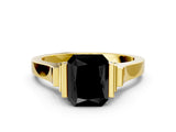 Yellow gold Fancy Black Radiant Cut Brilliant Solitaire Diamond Ring with Channel Set Band and Bar Prong Setting