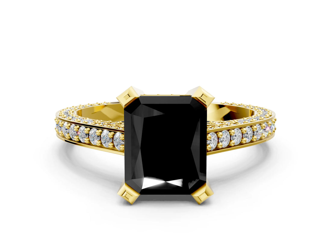 Yellow gold Fancy Black Radiant Cut Brilliant Split Shank Pave Solitaire Ring with Four-Prong Setting