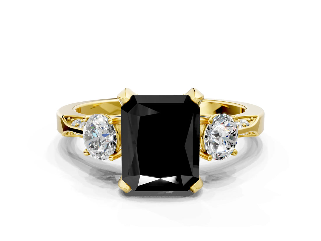 Yellow gold Fancy Black Radiant Cut Brilliant Three-Stone Diamond Ring with Pavé Band and Four-Prong Setting_3