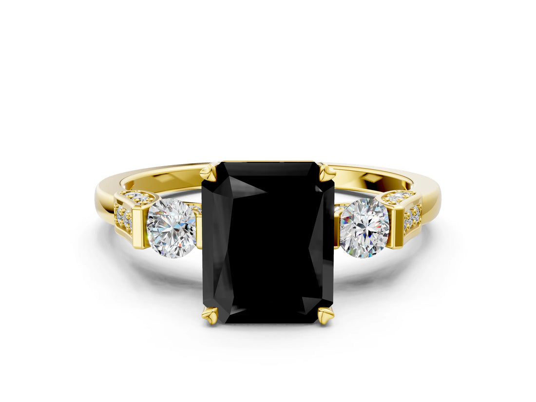 Yellow gold Fancy Black Radiant Cut Brilliant Three-Stone Pave Band with Four-Prong Setting