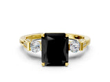 Yellow gold Fancy Black Radiant Cut Brilliant Three-Stone Pave Band with Four-Prong Setting