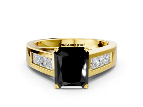 Yellow gold Fancy Black Radiant Cut Cut Channel Set Solitaire Ring with Four-Prong Setting