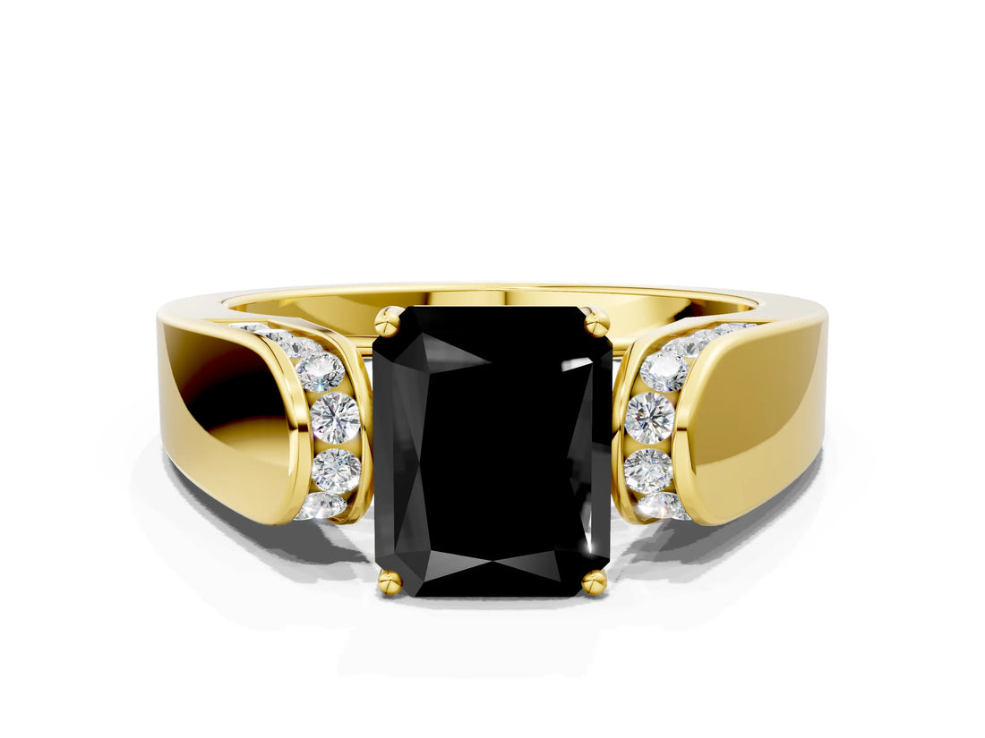 Yellow gold Fancy Black Radiant Cut Cut Diamond Channel Set Solitaire Ring with Four-Prong Setting