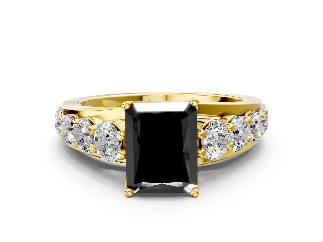 Yellow gold Fancy Black Radiant Cut Cut Diamond Engagement Ring with Pavé Band and Four-Prong Setting