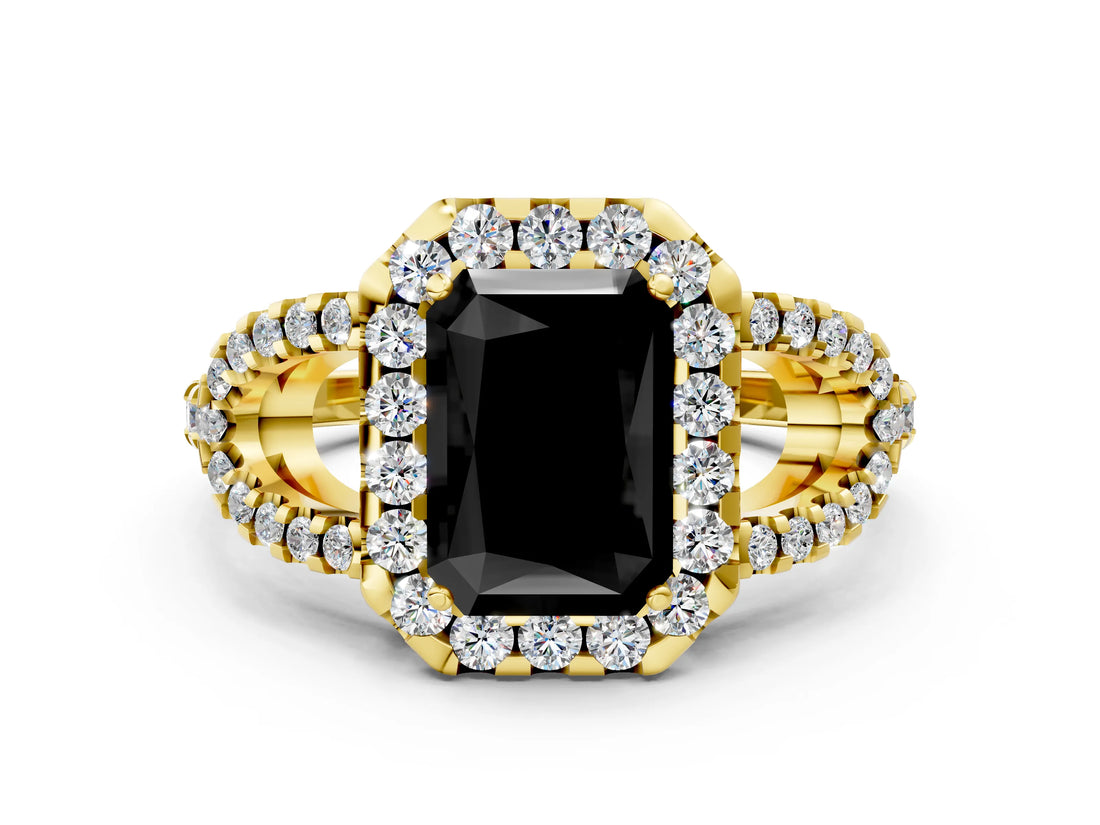 Yellow gold Fancy Black Radiant Cut Cut Diamond Halo Engagement Ring with Open Split Pavé Band