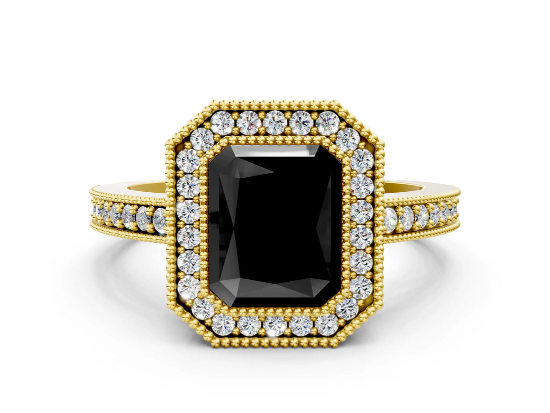 Yellow gold Fancy Black Radiant Cut-Cut Diamond Halo Engagement Ring with Pave Band and Prong Setting