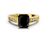 Yellow gold Fancy Black Radiant Cut Cut Diamond Milgrain Pave Band Four-Prong Setting Ring_3