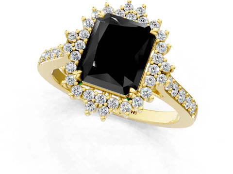 Yellow gold Fancy Black Radiant Cut Cut Diamond Sunburst Halo Engagement Ring with Pavé Band_1
