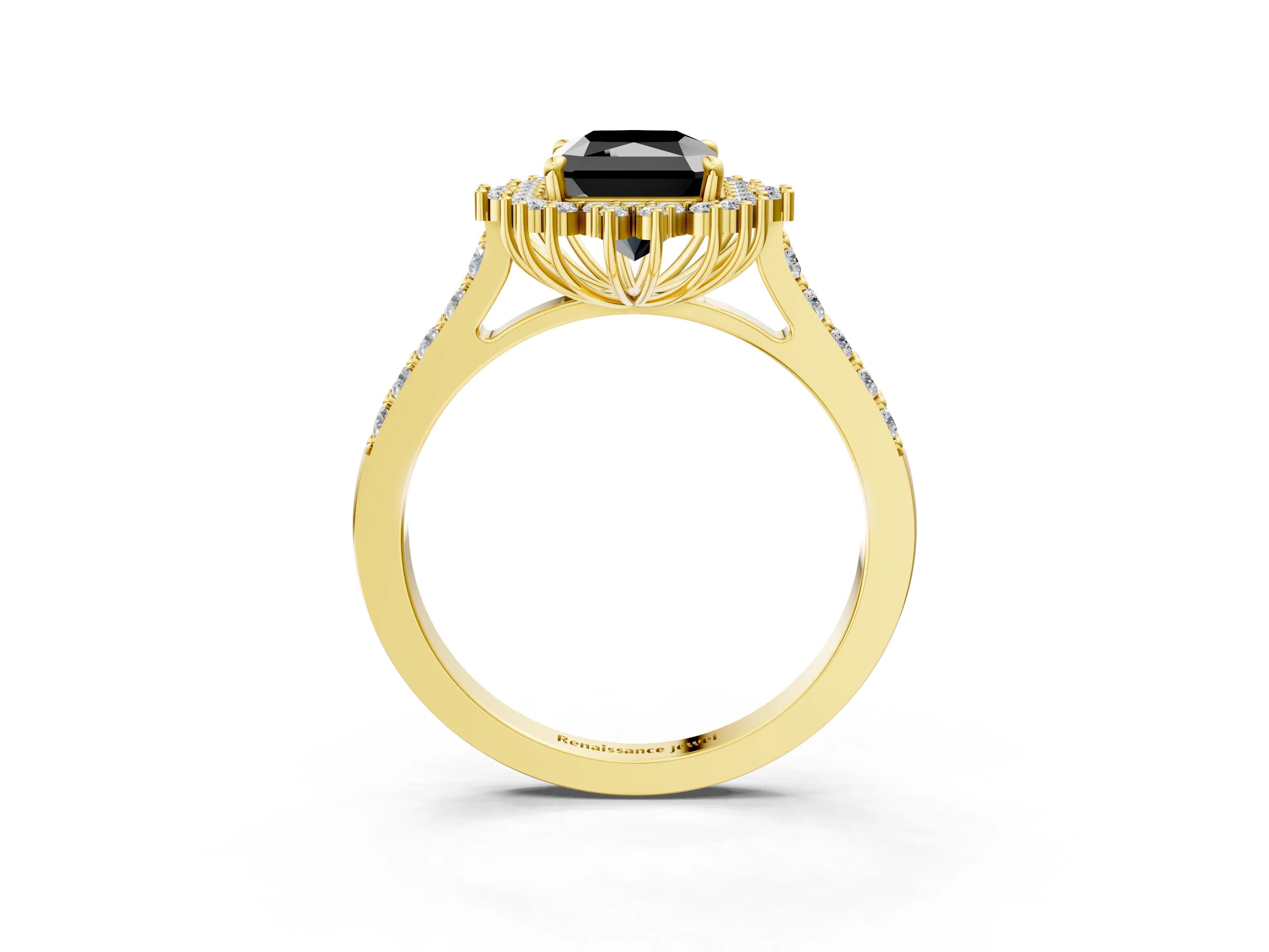 Yellow gold Fancy Black Radiant Cut Cut Diamond Sunburst Halo Engagement Ring with Pavé Band_3