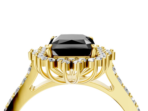 Yellow gold Fancy Black Radiant Cut Cut Diamond Sunburst Halo Engagement Ring with Pavé Band_4