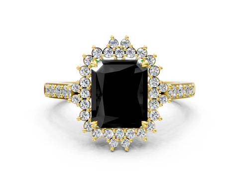 Yellow gold Fancy Black Radiant Cut Cut Diamond Sunburst Halo Engagement Ring with Pavé Band