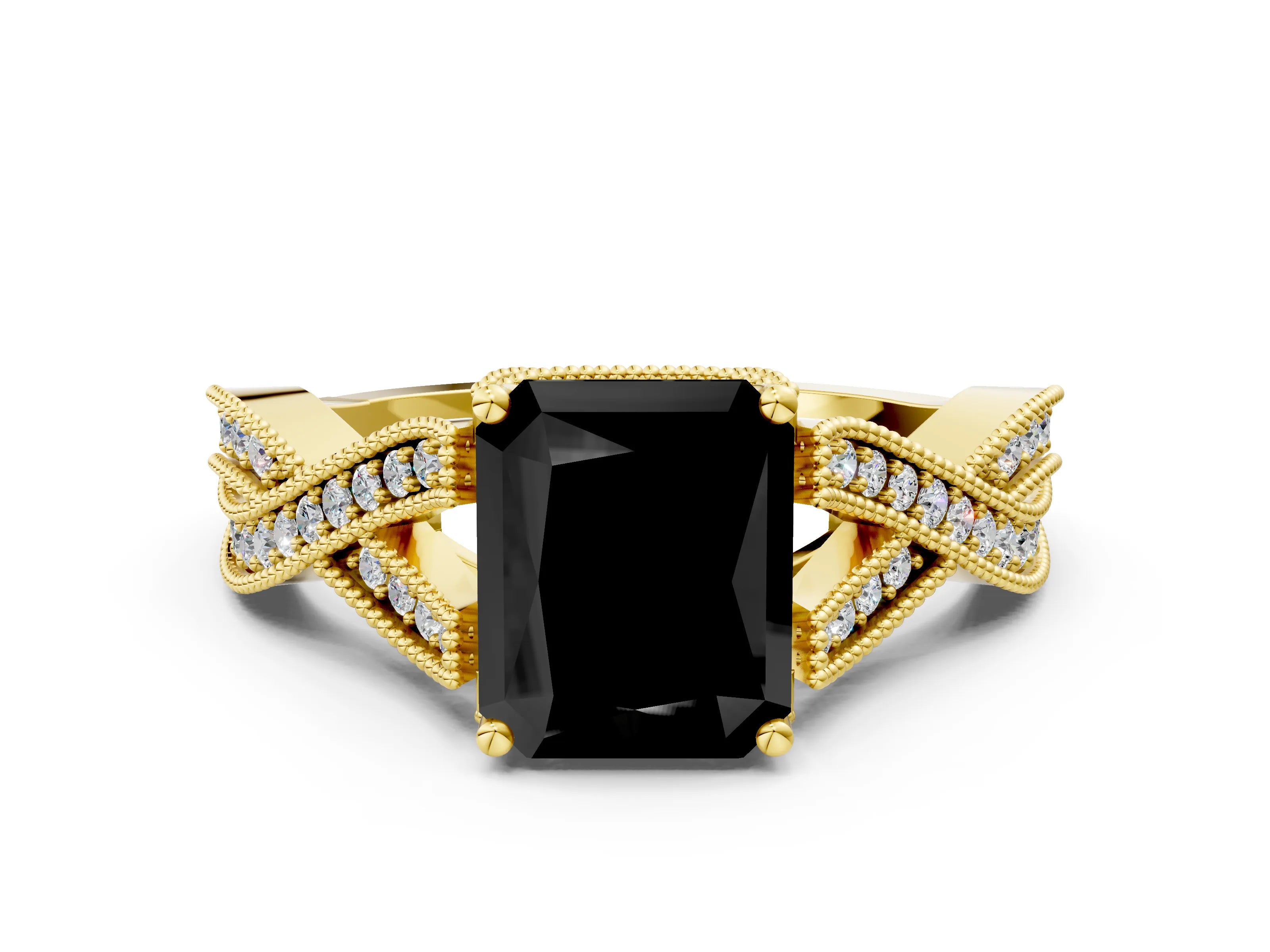 Yellow gold Fancy Black Radiant Cut Cut Diamond Twisted Band with Milgrain Pave Setting and Four-Prong Setting