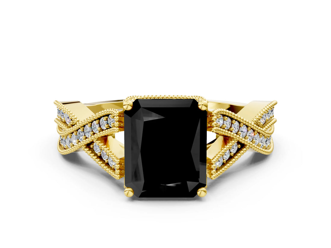 Yellow gold Fancy Black Radiant Cut Cut Diamond Twisted Band with Milgrain Pave Setting and Four-Prong Setting