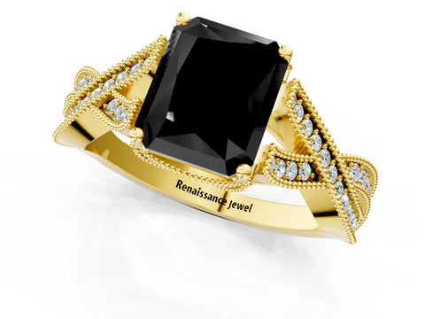 Yellow gold Fancy Black Radiant Cut Cut Diamond Twisted Band with Milgrain Pave Setting and Four-Prong Setting_1