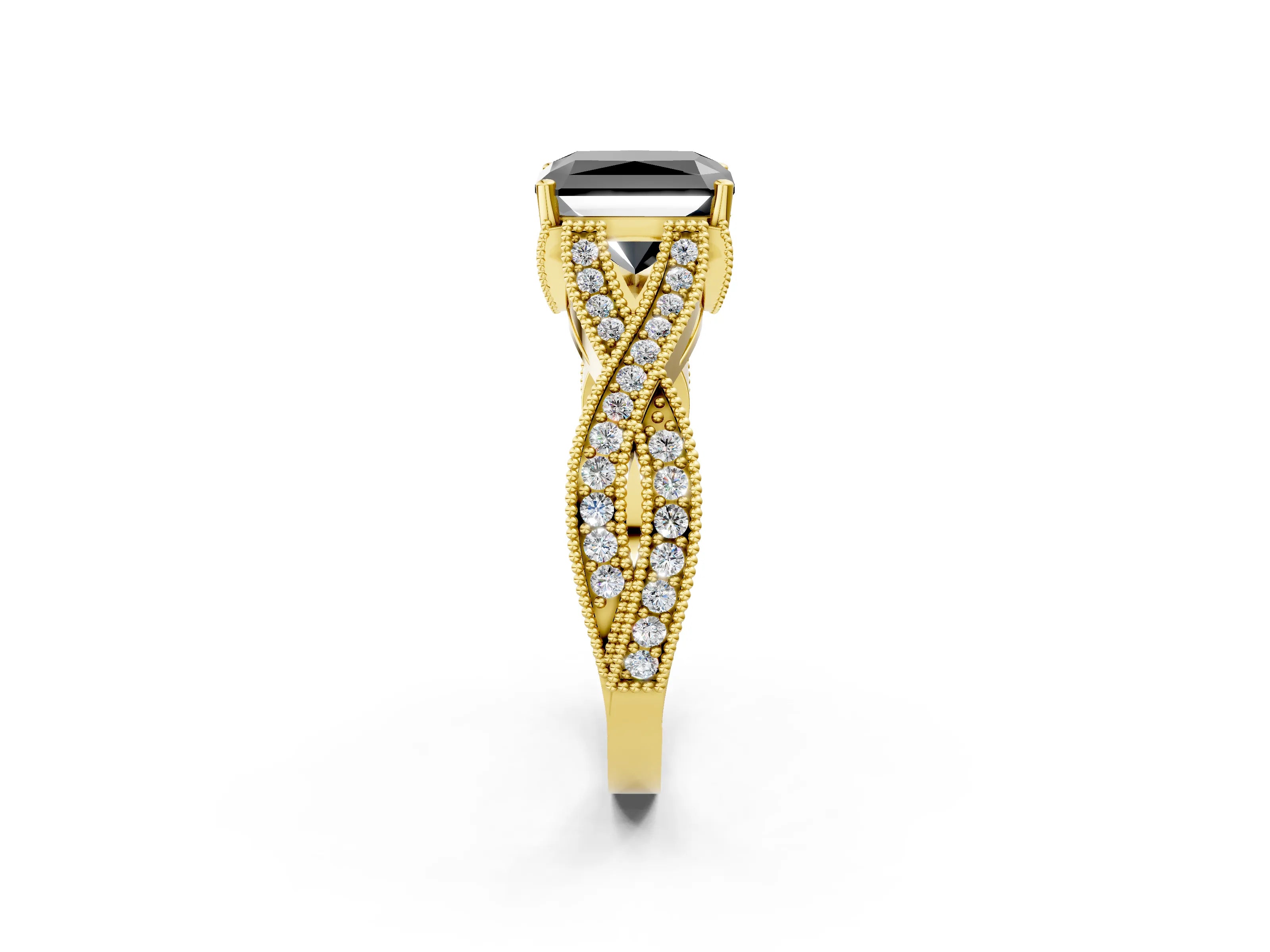 Yellow gold Fancy Black Radiant Cut Cut Diamond Twisted Band with Milgrain Pave Setting and Four-Prong Setting_2