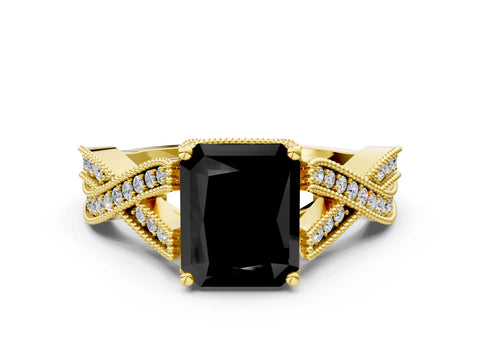 Yellow gold Fancy Black Radiant Cut Cut Diamond Twisted Band with Milgrain Pave Setting and Four-Prong Setting