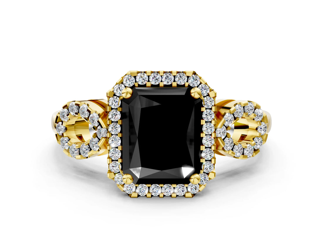 Yellow gold Fancy Black Radiant Cut Cut Halo Diamond Infinity Band with Four-Prong Setting