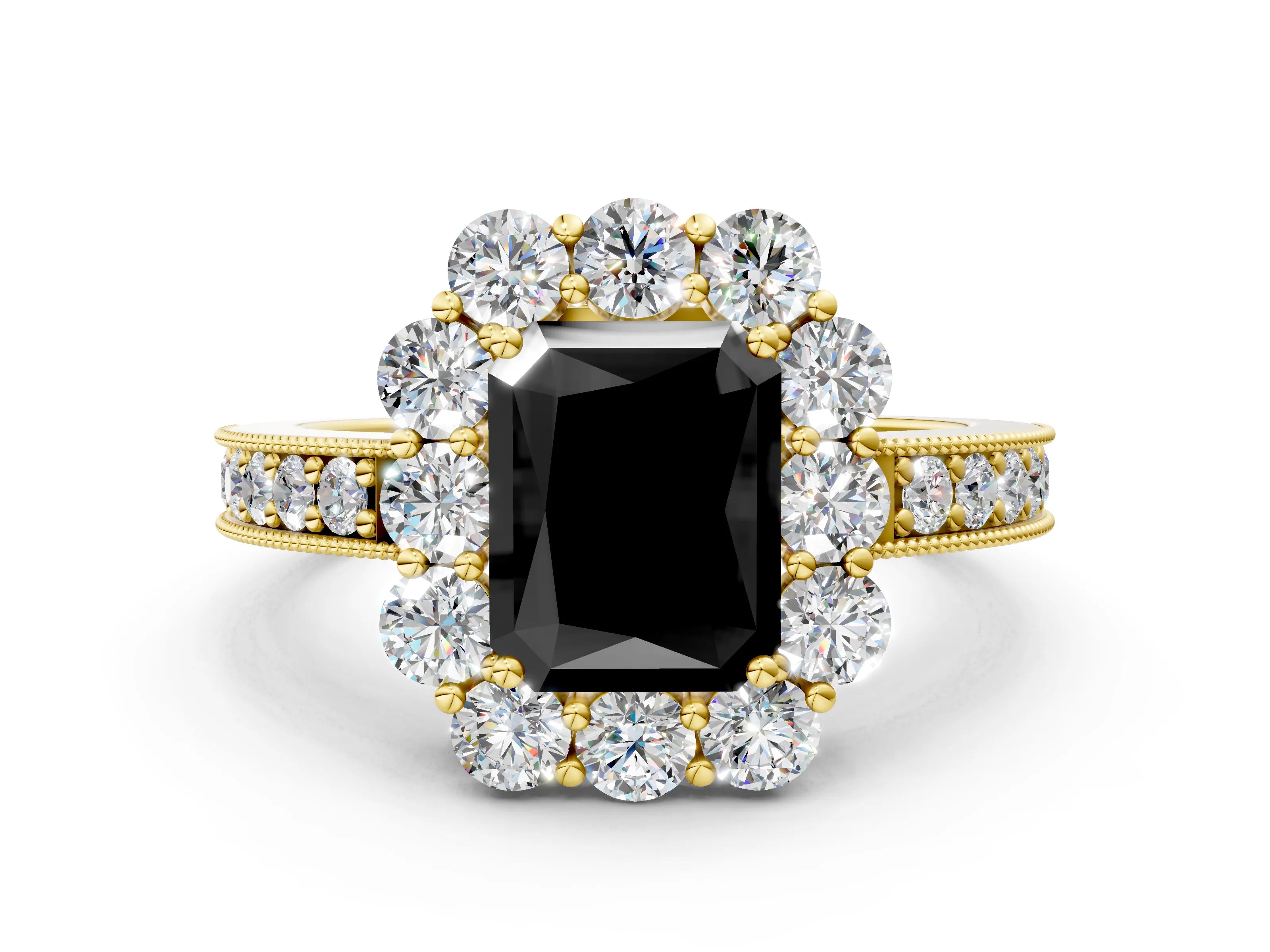 Yellow gold Fancy Black Radiant Cut Cut Halo Diamond Pavé Engagement Ring with Milgrain Detailing