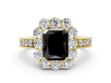 Yellow gold Fancy Black Radiant Cut Cut Halo Diamond Pavé Engagement Ring with Milgrain Detailing