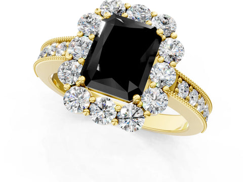 Yellow gold Fancy Black Radiant Cut Cut Halo Diamond Pavé Engagement Ring with Milgrain Detailing_1