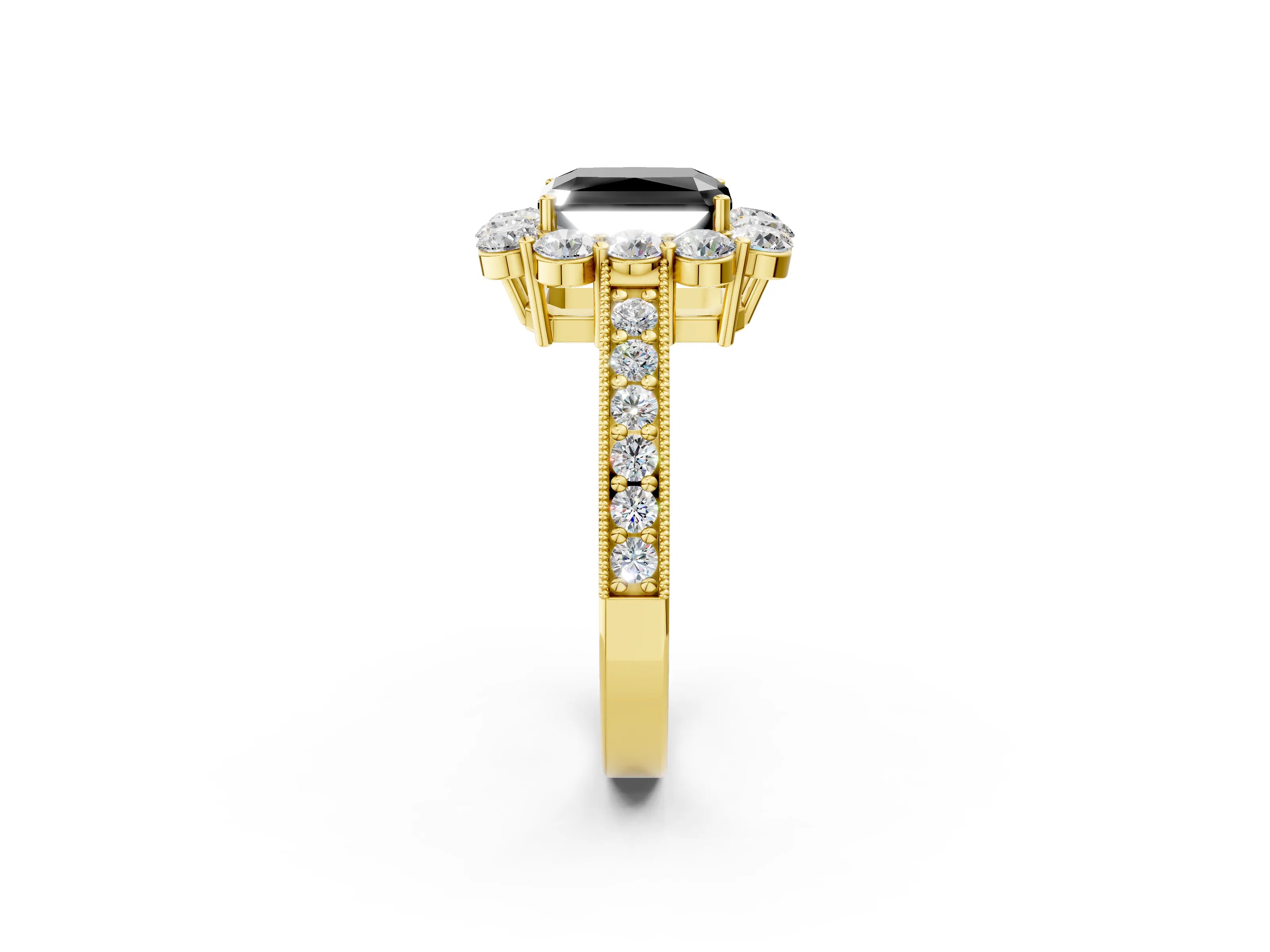 Yellow gold Fancy Black Radiant Cut Cut Halo Diamond Pavé Engagement Ring with Milgrain Detailing_2