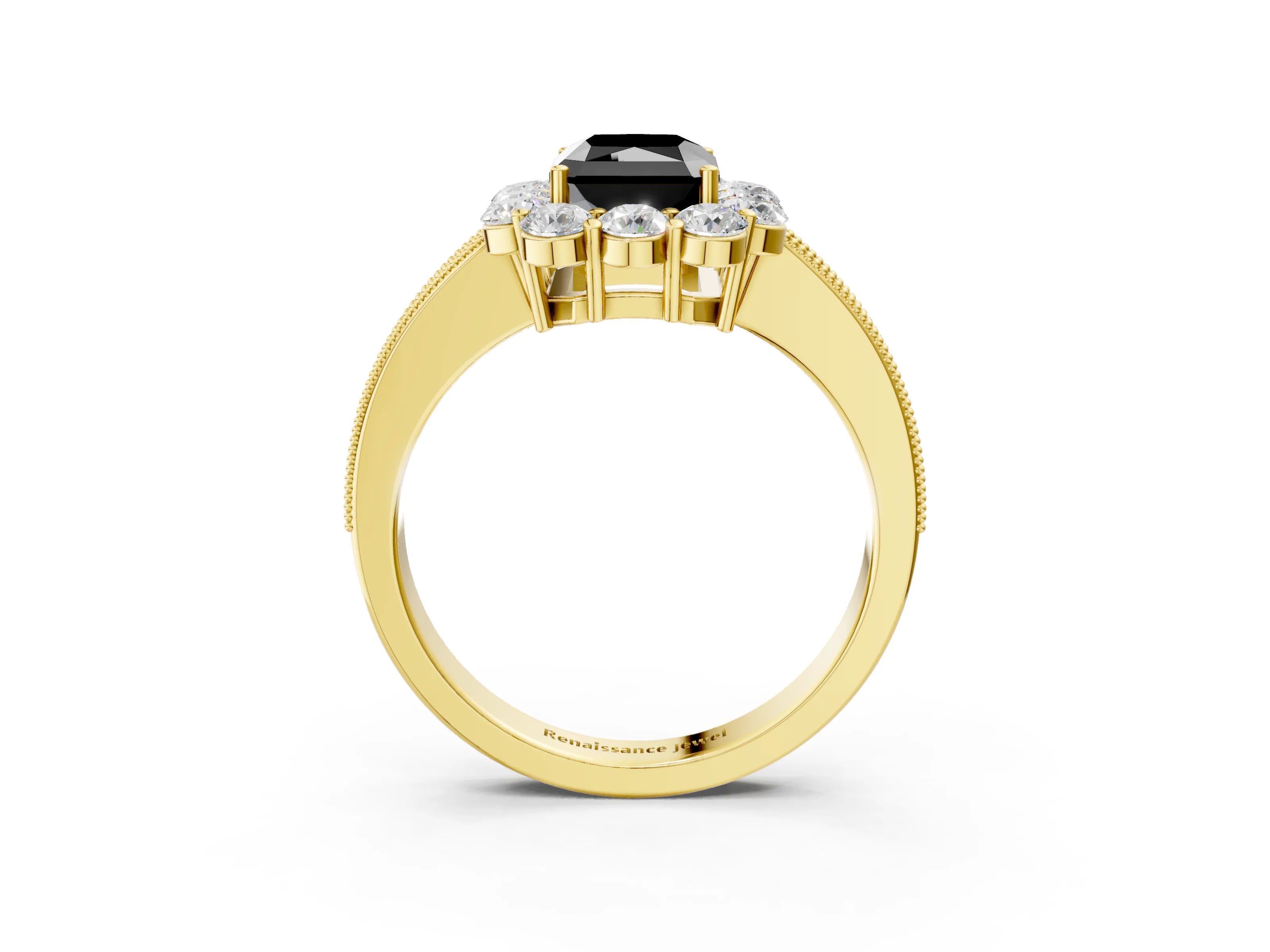 Yellow gold Fancy Black Radiant Cut Cut Halo Diamond Pavé Engagement Ring with Milgrain Detailing_3