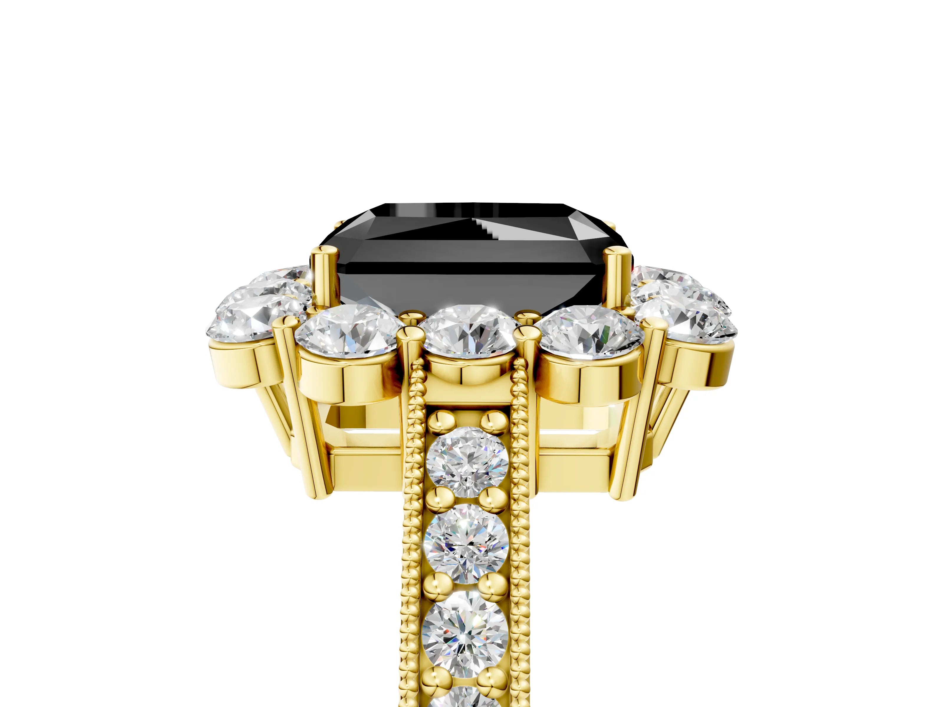 Yellow gold Fancy Black Radiant Cut Cut Halo Diamond Pavé Engagement Ring with Milgrain Detailing_5