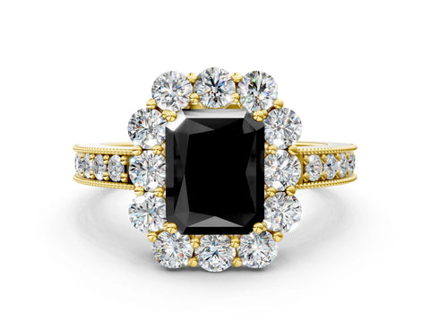 Yellow gold Fancy Black Radiant Cut Cut Halo Diamond Pavé Engagement Ring with Milgrain Detailing