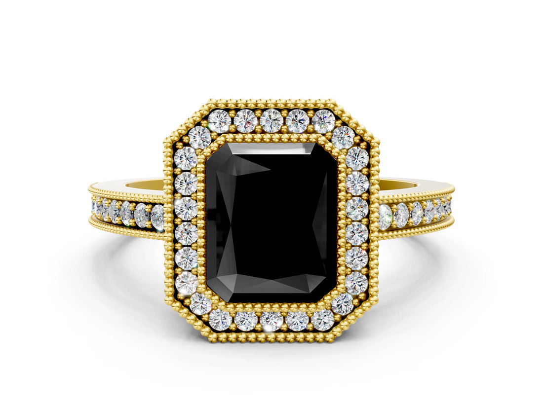 Yellow gold Fancy Black Radiant Cut Cut Halo Pavé Diamond Ring