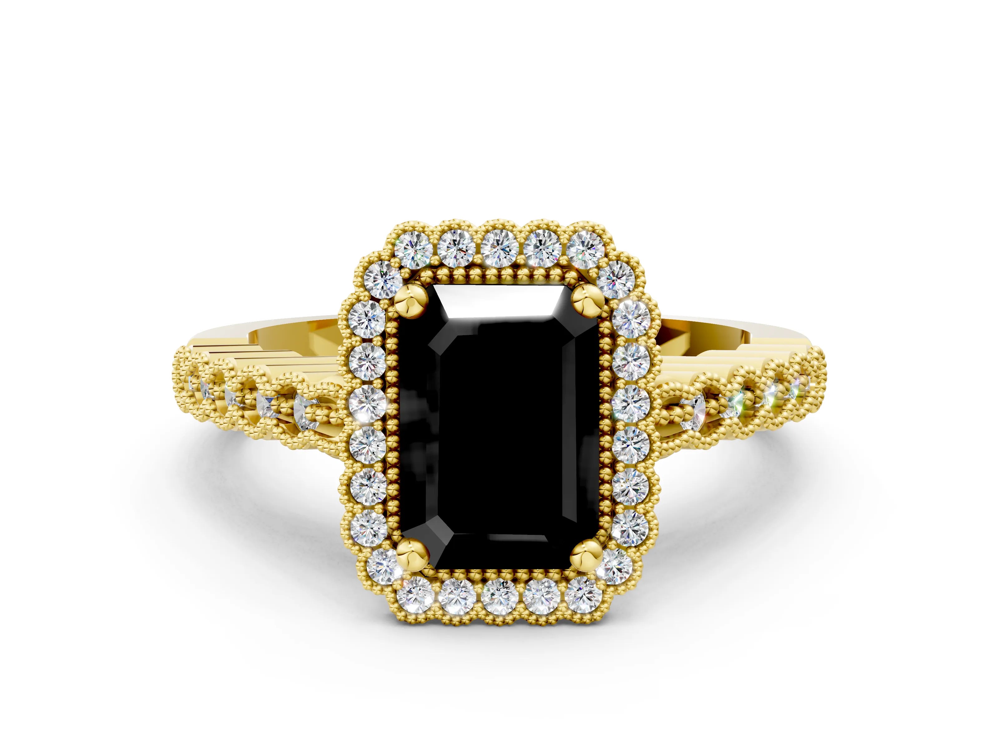Yellow gold Fancy Black Radiant Cut Cut Halo Pavé Solitaire Ring with Milgrain Band