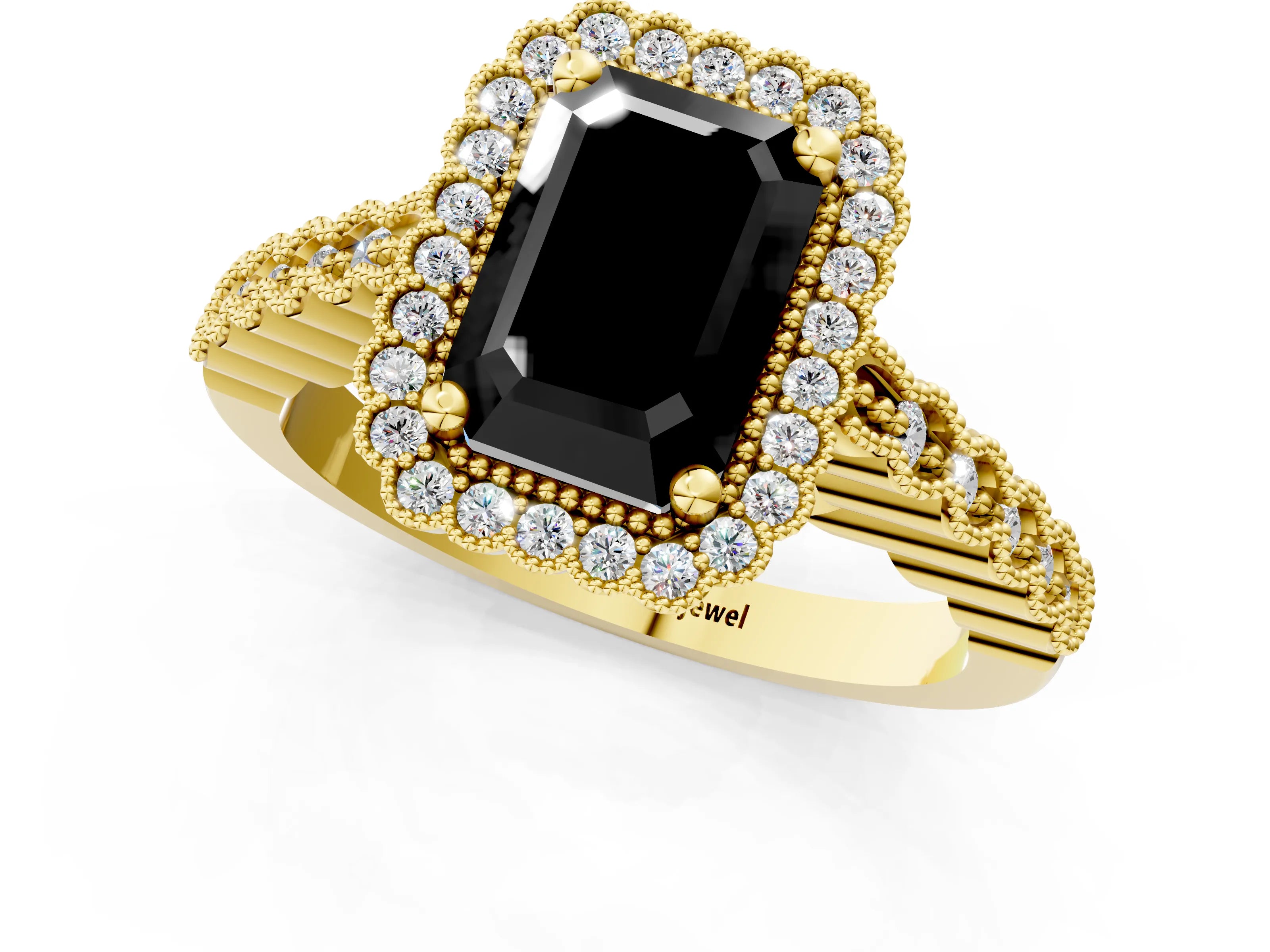 Yellow gold Fancy Black Radiant Cut Cut Halo Pavé Solitaire Ring with Milgrain Band_1