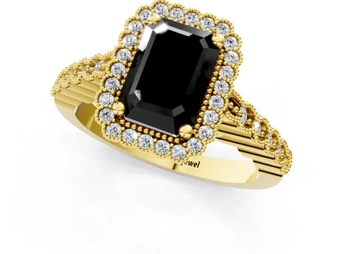 Yellow gold Fancy Black Radiant Cut Cut Halo Pavé Solitaire Ring with Milgrain Band_1