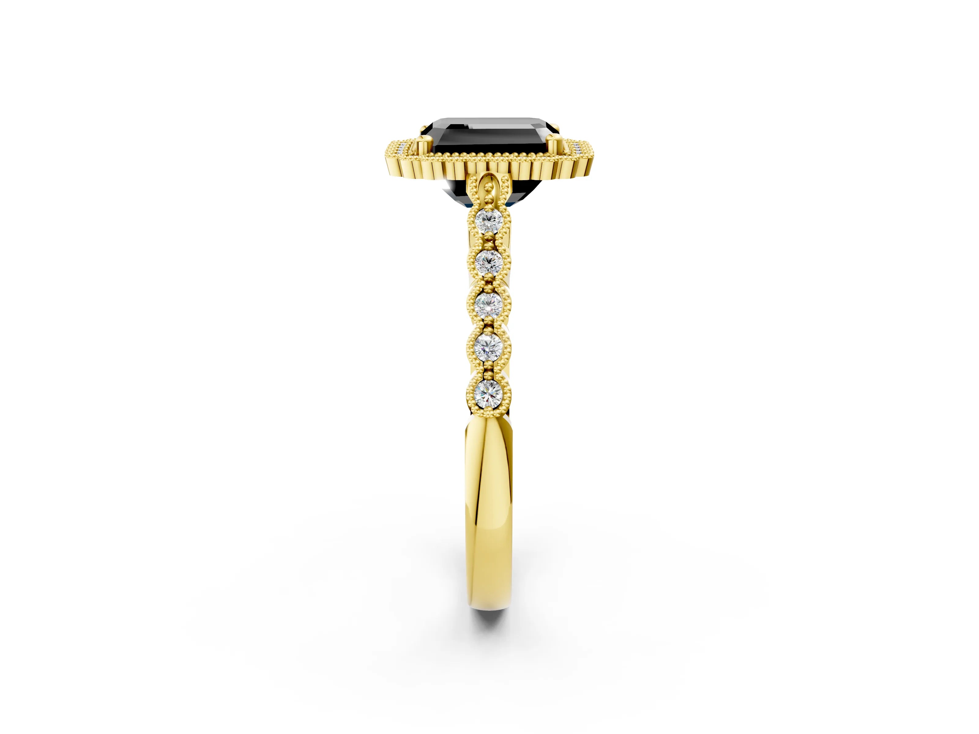 Yellow gold Fancy Black Radiant Cut Cut Halo Pavé Solitaire Ring with Milgrain Band_2