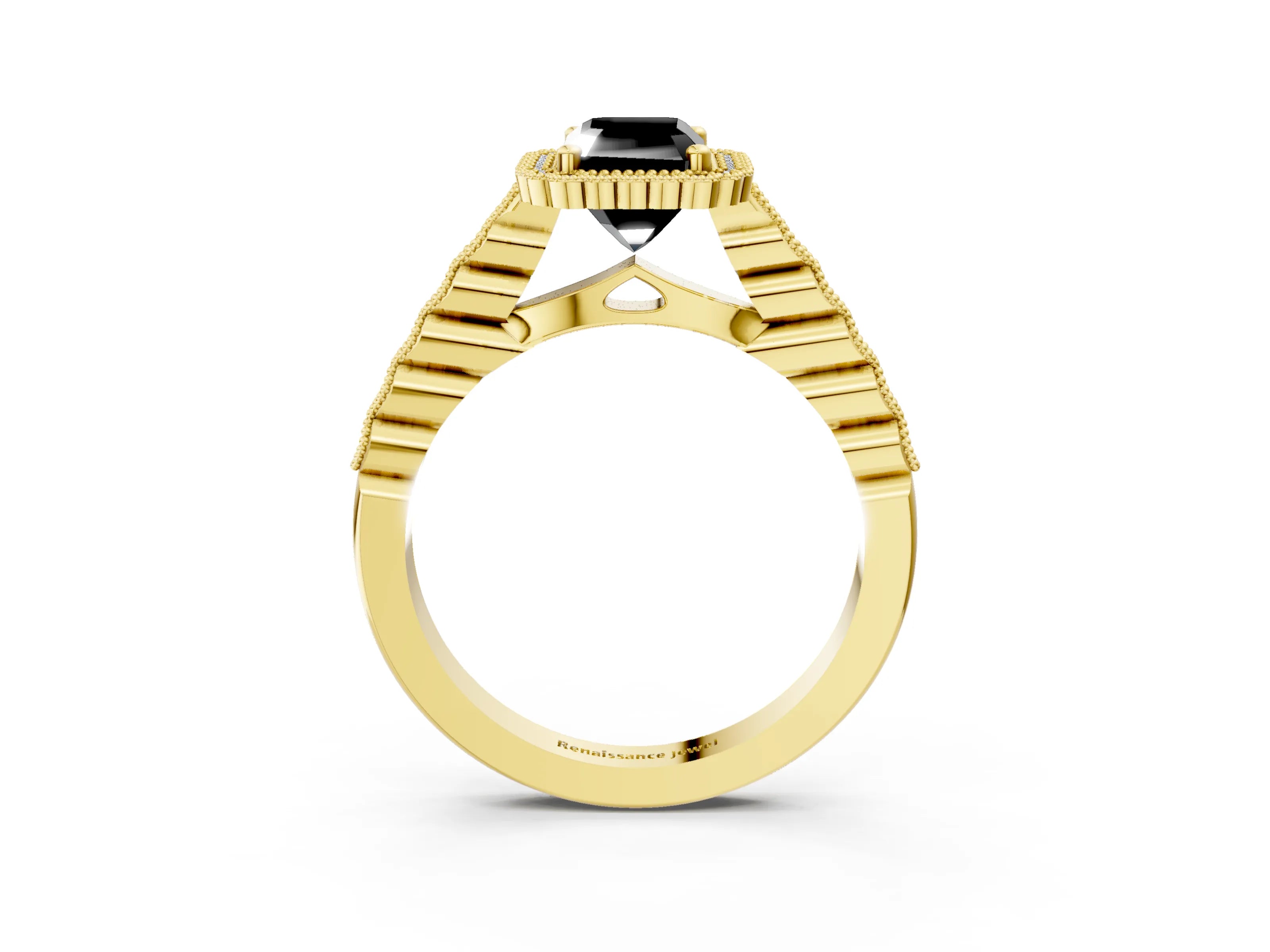 Yellow gold Fancy Black Radiant Cut Cut Halo Pavé Solitaire Ring with Milgrain Band_3