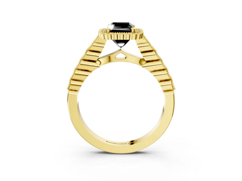 Yellow gold Fancy Black Radiant Cut Cut Halo Pavé Solitaire Ring with Milgrain Band_3
