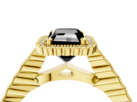 Yellow gold Fancy Black Radiant Cut Cut Halo Pavé Solitaire Ring with Milgrain Band_4